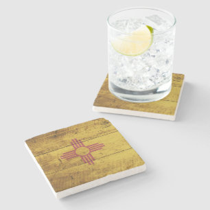 New Mexico State Flag on Old Wood Grain Stone Coaster