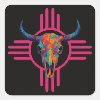 New Mexico Sun Skull Pink Square Sticker