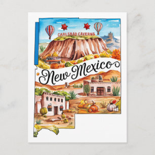 New Mexico USA State Shaped Vintage Watercolor Postcard