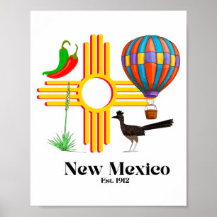 New Mexico Zia_ Chiles, Balloon, Roadrunner, Yucca Poster