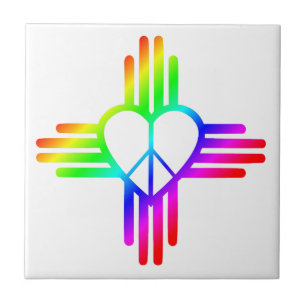 New Mexico Zia Rainbow Heart with Peace Sign Tile