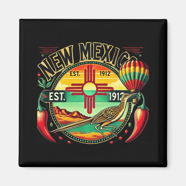 New Mexico Zia Symbol, Roadrunner &amp; Chile Pepp Magnet (Front)