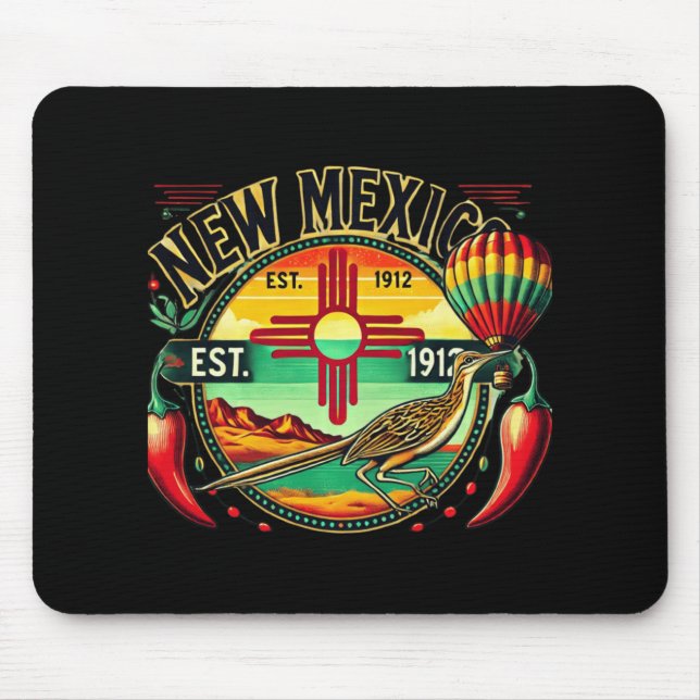 New Mexico Zia Symbol, Roadrunner &amp; Chile Pepp Mouse Pad (Front)