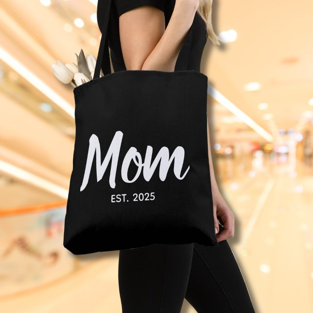 New Mom Established Date White Script Tote Bag (Personalize with year(s).  Matching items available in collection)