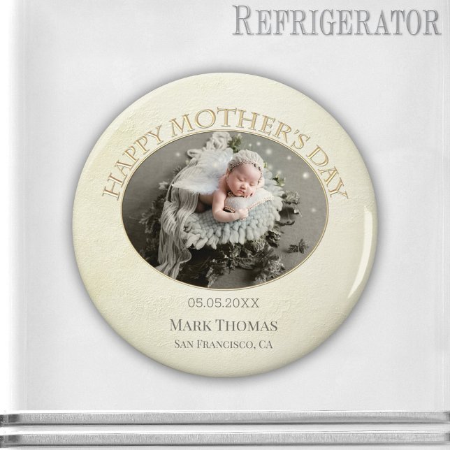 New Mom Photo Elegant Mother's Day Magnet (Elegant magnet with your photo on a pale beige with gold stylized design - new mom - Mother's Day)