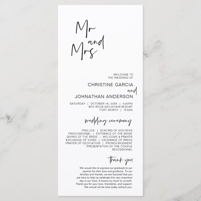 New Mr and Mrs, Modern Minimalist Wedding Program (Front)