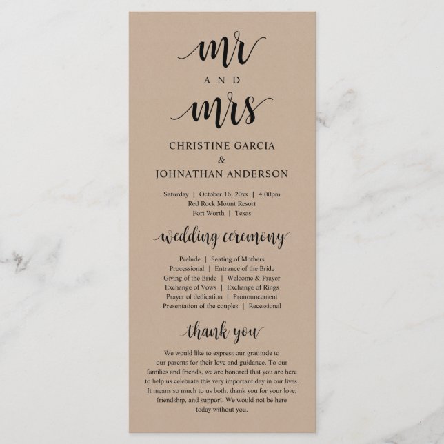 New Mr and Mrs, Modern Wedding Ceremony, Kraft Program (Front)