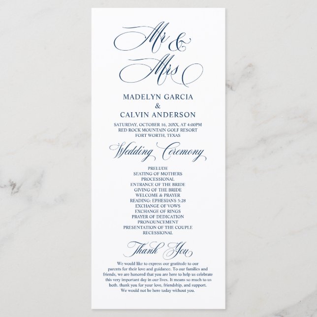 New Mr and Mrs, Navy Blue, Wedding Ceremony  Progr Program (Front)