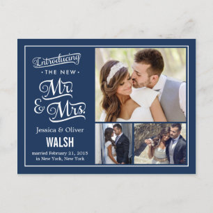 New Mr and Mrs Wedding Announcement - Navy Blue Postcard
