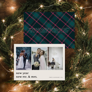 New Mr. & Mrs.   Green & Pink Tartan Wedding Holiday Card
