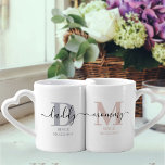 New Mummy and Daddy Monogram Pink and Grey Coffee Mug Set<br><div class="desc">Family monogram mug set for new mummy and daddy (or established parents) which you can personalise with the date they became mum and dad. This design has elegant handwritten script, modern typography and a colour palette of silver grey, subtle pink, black and white. One mug has a monogram initial D...</div>