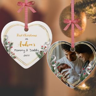 New Mummy Daddy Holly & Pine Gold Frame Photo  Ornament