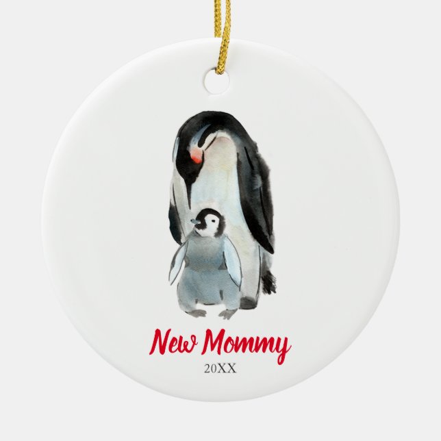 New Mummy Penguin Newborn Baby's First Christmas Ceramic Ornament (Front)