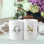 New Nana and Grandad Monogram Green and Ochre Coffee Mug Set<br><div class="desc">Family monogram mug set for new nana and grandad (or established grandparents) which you can personalise with the date they became first time grandparents. This design has elegant handwritten script, modern typography and a subtle colour palette of silver green, ochre yellow, black and white. One mug has a monogram initial...</div>