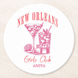 New orleans bachelorette pink cocktail round paper coaster