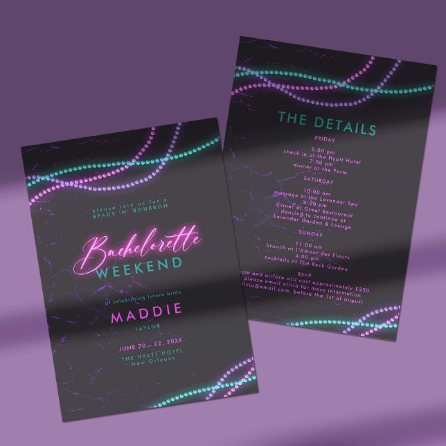New Orleans Beads Neon Bachelorette Itinerary Invitation (new orleans bachelorette weekend itinerary invitation neon pink teal purple beads and bourbon classy)