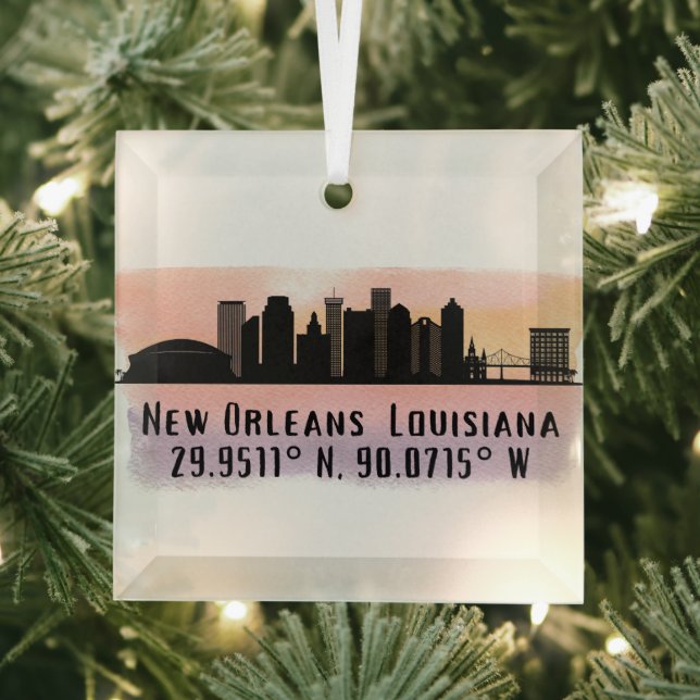 New Orleans City Skyline Latitude and Longitude  Glass Tree Decoration (Insitu)