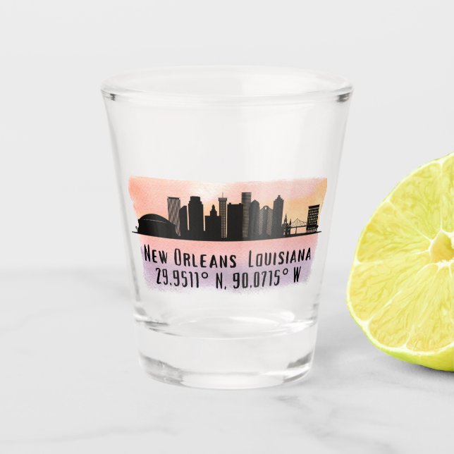 New Orleans City Skyline Latitude and Longitude  Shot Glass (Front)