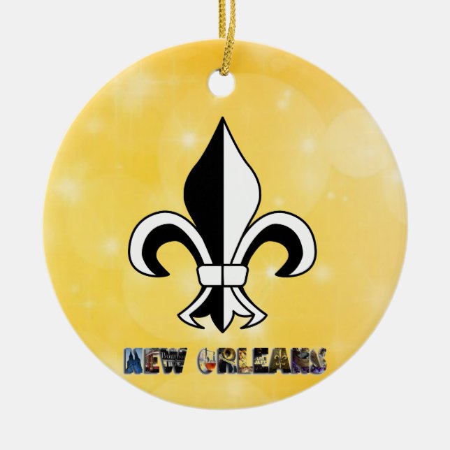 New Orleans Fleur de Lis Gold Christmas Ceramic Ornament (Front)