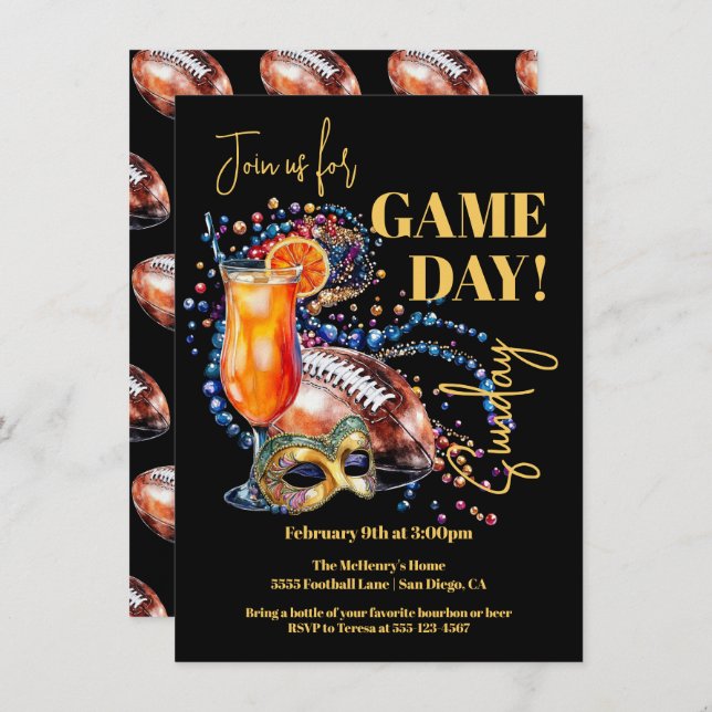 New Orleans Football Party Game Day Mardi Gras Invitation (Front/Back)
