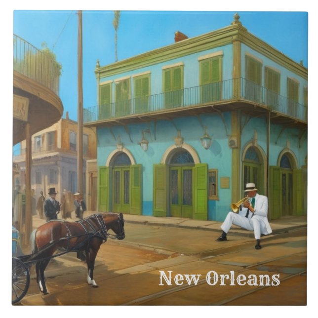 New Orleans French Quarter Blue Green House Ceramic Tile (Front)