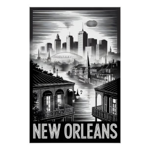 New Orleans Louisiana Skyline Black White Woodcut Poster