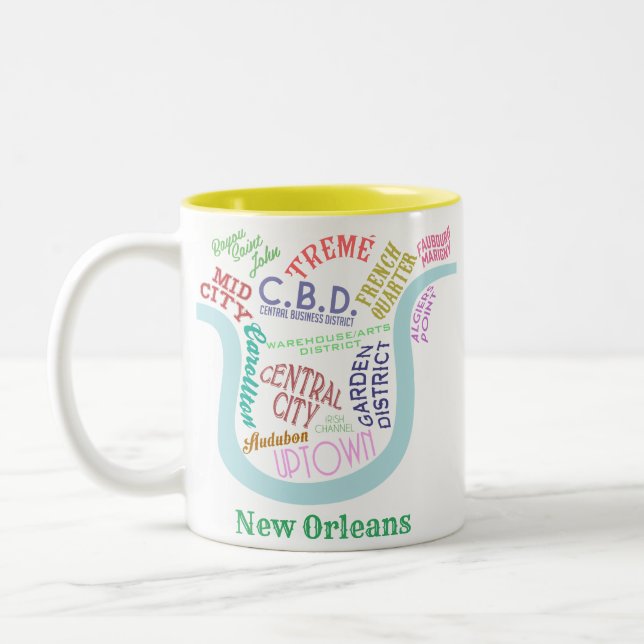 New Orleans Map Nola Neighbourhoods Word Typograph Two-Tone Coffee Mug (Left)