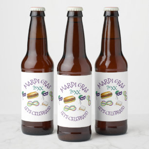 New Orleans Mardi Gras Beignet Beads Mask Po'Boy Beer Bottle Label