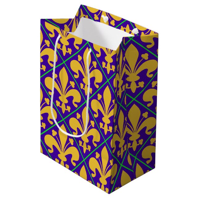 New Orleans Mardi Gras Fleur de Lis Medium Gift Bag (Front Angled)