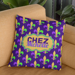 New Orleans Mardi Gras House Party Fleur Your Name Cushion