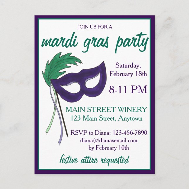 New Orleans Mardi Gras Masquerade Mask Ball Party Invitation Postcard (Front)