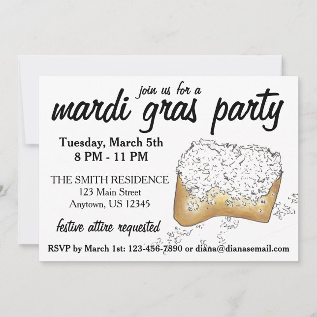 New Orleans Mardi Gras NOLA Party Beignet Pastry Invitation (Front)