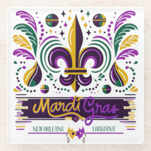 New Orleans Mardi Gras purple yellow green Glass Coaster