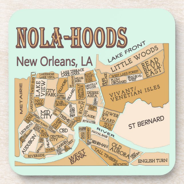 New Orleans Neighbourhoods Map, NOLA_HOODS Coaster (Front)