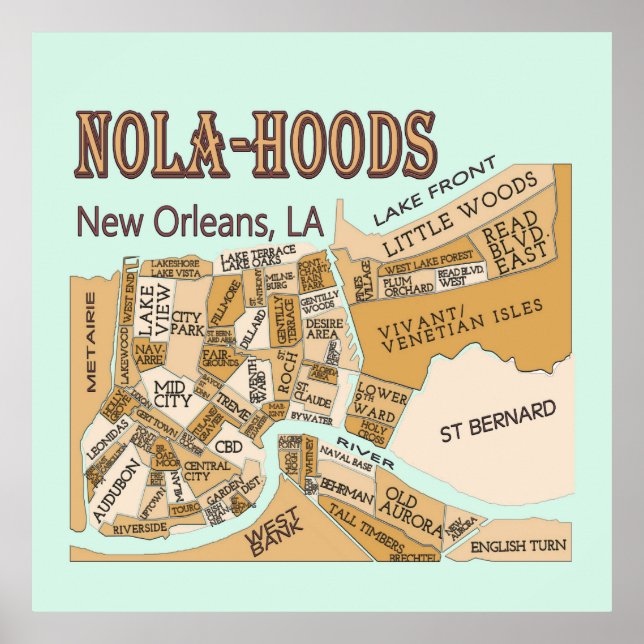 New Orleans Neighbourhoods Map, NOLA_HOODS Poster (Front)