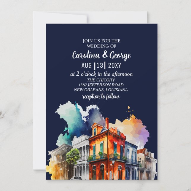 New Orleans Nola Louisiana - Watercolor Wedding Invitation (Front)