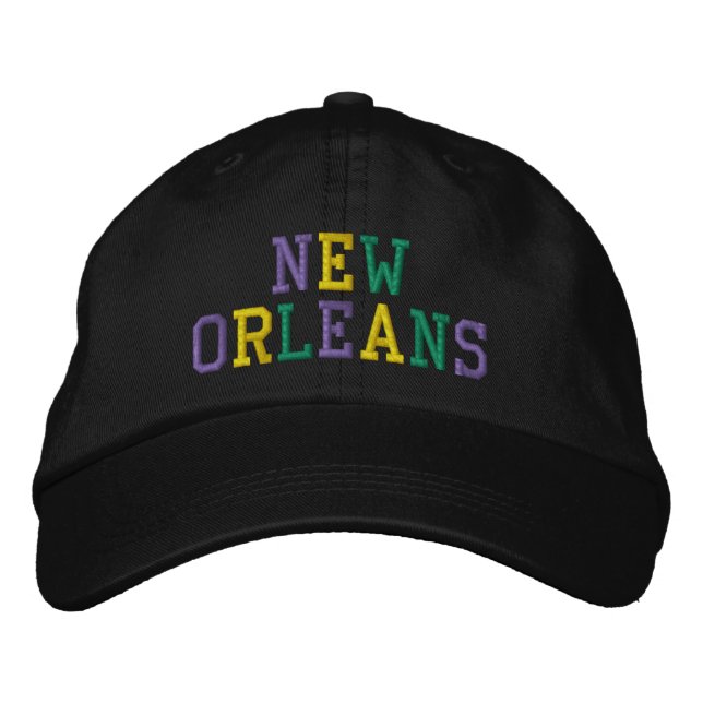 NEW ORLEANS Purple Gold Green Embroidery on Black Embroidered Hat (Front)