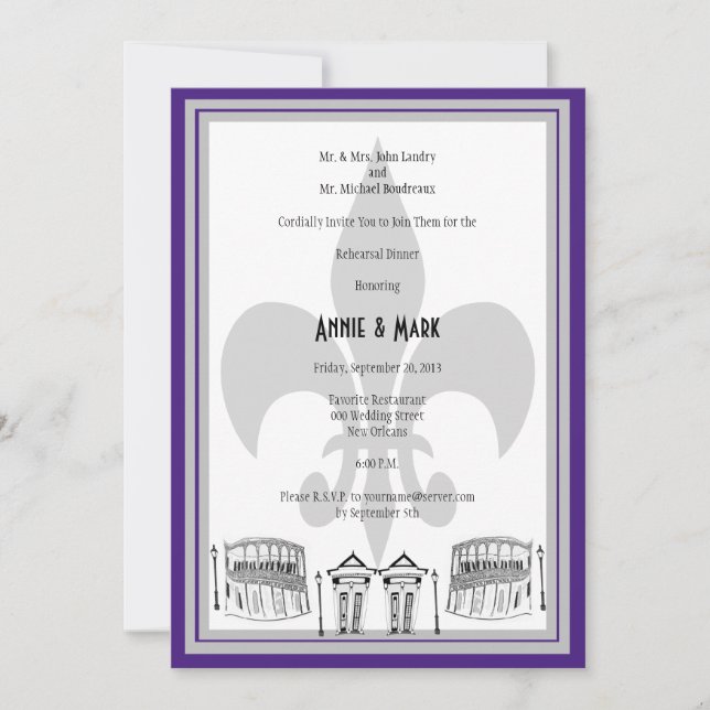 New Orleans Rehearsal Dinner Invite purple silver (Front)