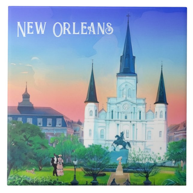 New Orleans St Louis Cathedral at Sunset colourful Ceramic Tile (Front)