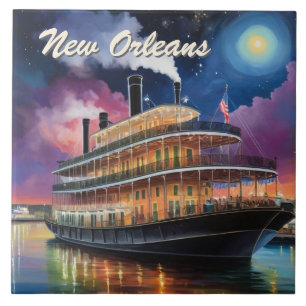 New Orleans Steamboat Riverboat Boat Night Cruise Ceramic Tile