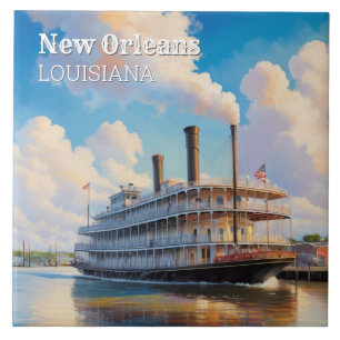 New Orleans Steamboat Riverboat Boat on River Ceramic Tile