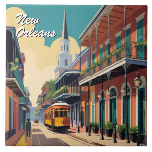 New Orleans Street & St Louis Cathedral Colorful Ceramic Tile