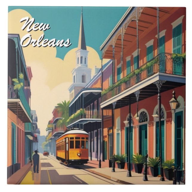 New Orleans Street & St Louis Cathedral Colourful Ceramic Tile (Front)