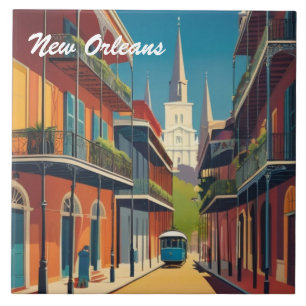 New Orleans Street & St Louis Cathedral Colourful Ceramic Tile