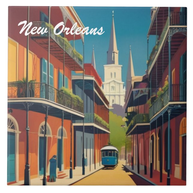 New Orleans Street & St Louis Cathedral Colourful Ceramic Tile (Front)