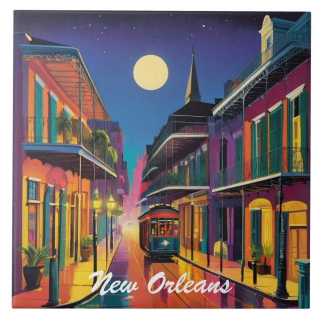 New Orleans Street & Streetcar by Night Ceramic Tile (Front)