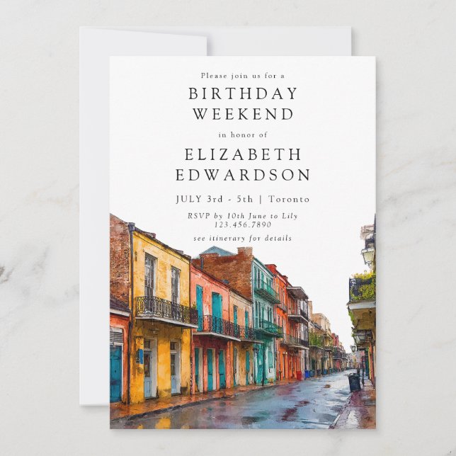New Orleans Watercolor Birthday Weekend Invitation (Front)