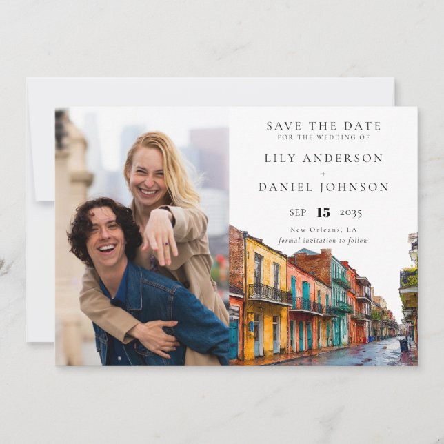 New Orleans Watercolor Photo Wedding Save The Date (Front)