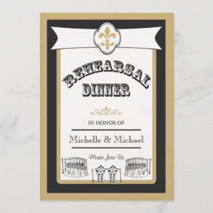 New Orleans Wedding Rehearsal Dinner Black Gold Invitation
