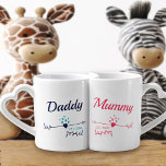 New Parents Daddy Mummy Personalised His and Hers Coffee Mug Set<br><div class="desc">Modern hearts and arrows design in pink and blue - ideal for new parents. The words,  Mummy and Daddy can both be personalised to Mama,  Mummy,  Papa etc.,  to suit your preference. You can also add the year that the couple became proud parents.</div>
